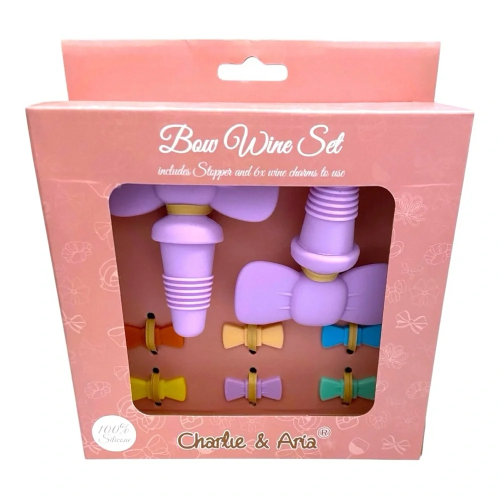 Silicone Wine Glass Charms Set 6 Bow Drink Markers + 2 Bottle Stoppers Wine Gift